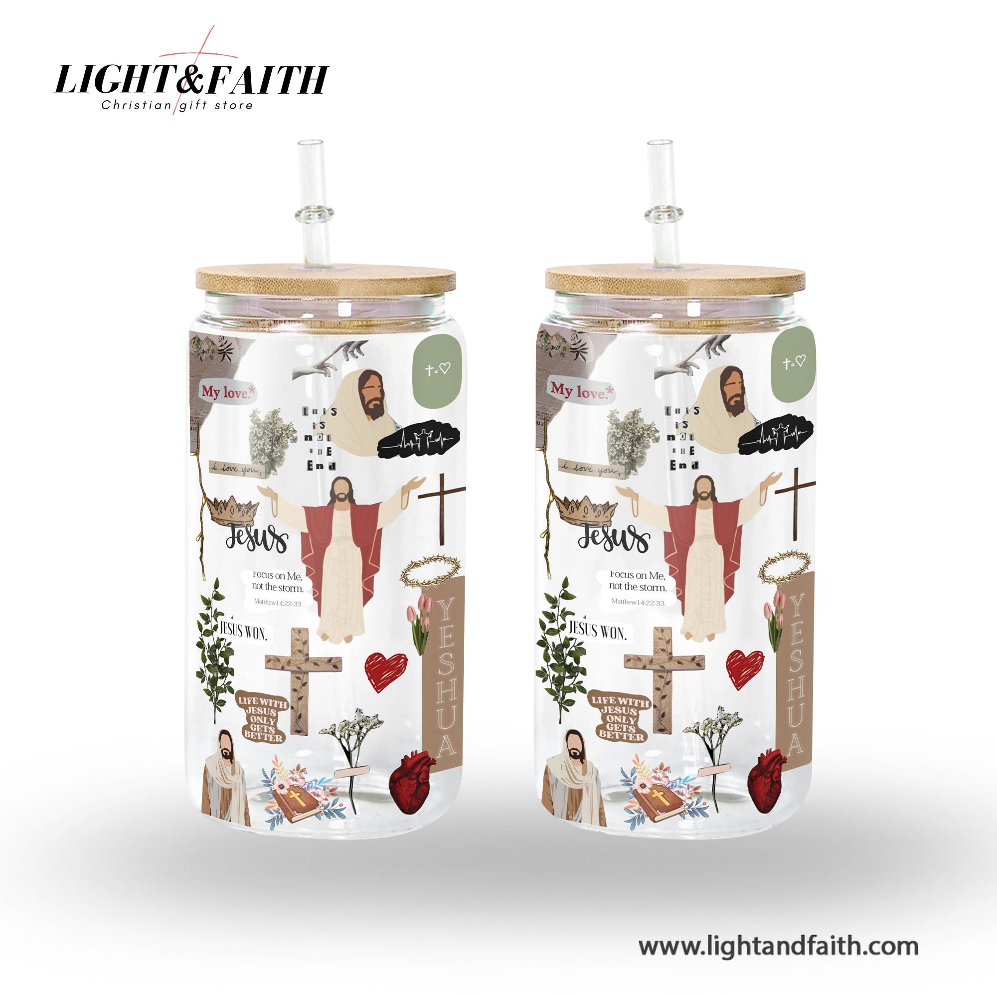 Christian Glass Can with Bamboo Lid and Straw, Jesus Won Yeshua Cup, Focus on Me Not the Storm Bible Verse Iced Coffee Tumbler Gift GCLAF47